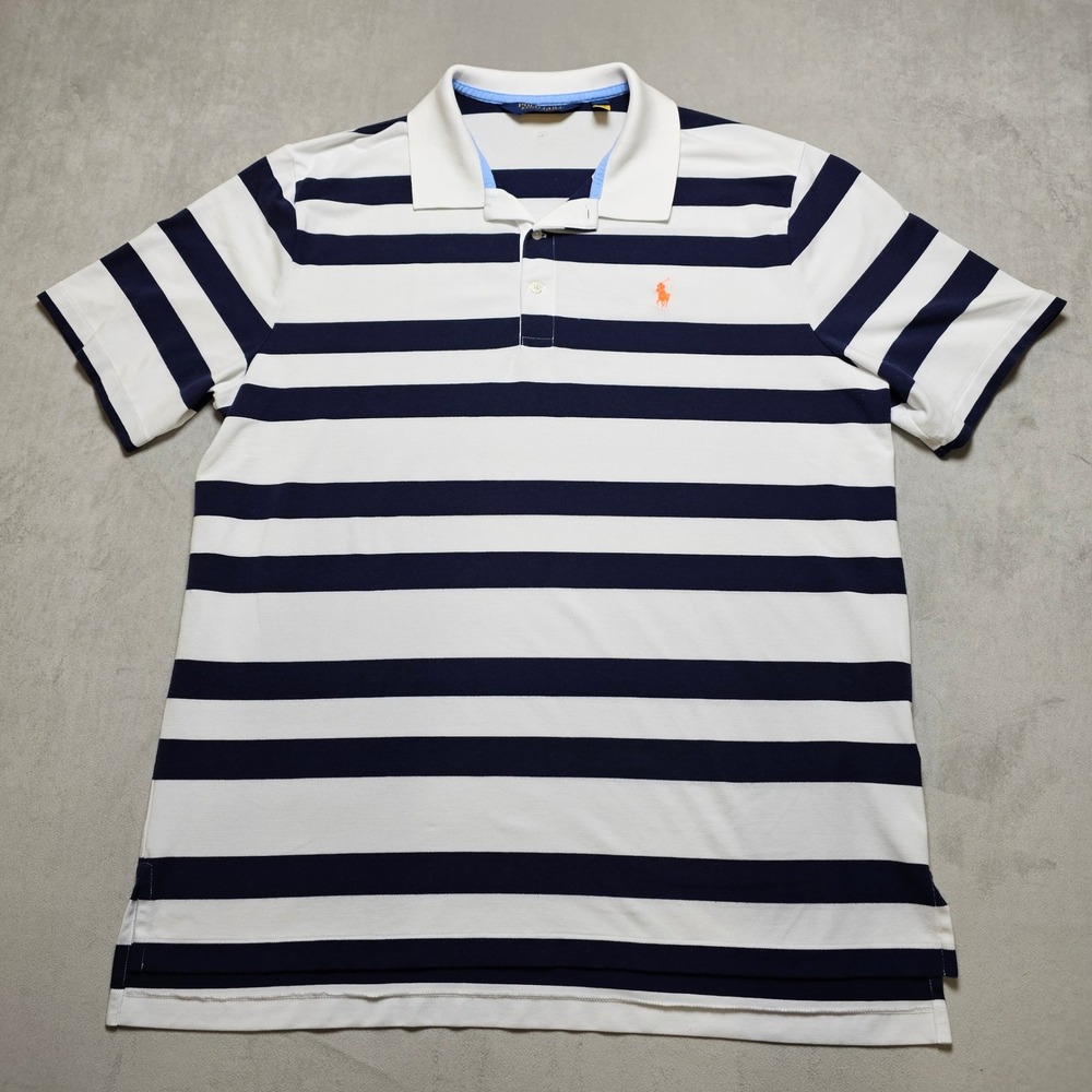 Polo Golf Ralph Lauren Mens XL Striped Short Sleeve Polo Shirt Navy White Orange